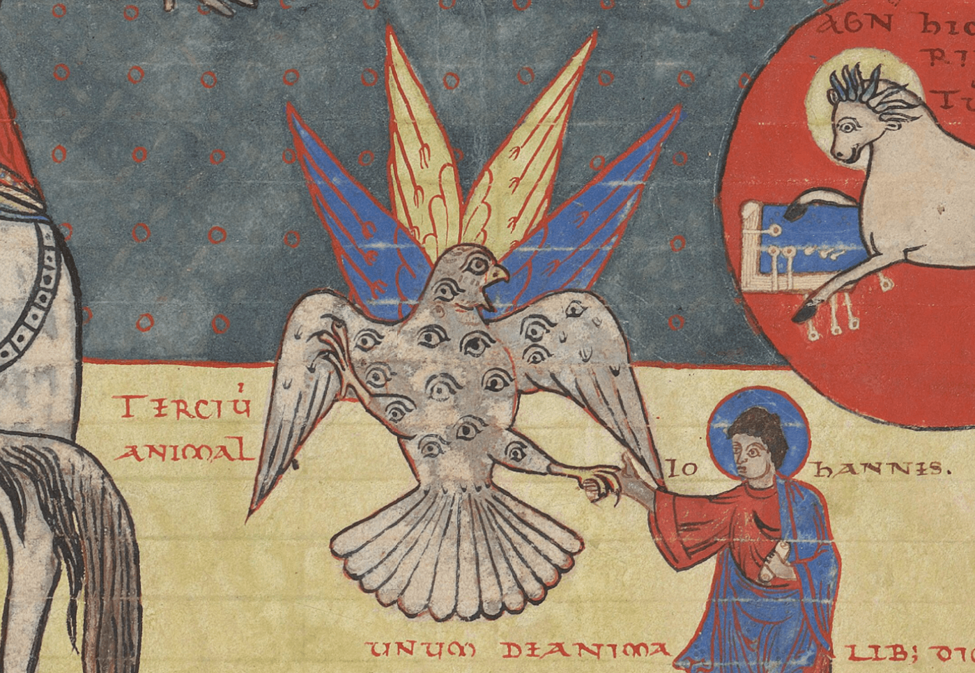 Bird with numerous eyes covering its body and 3 pairs of wings.