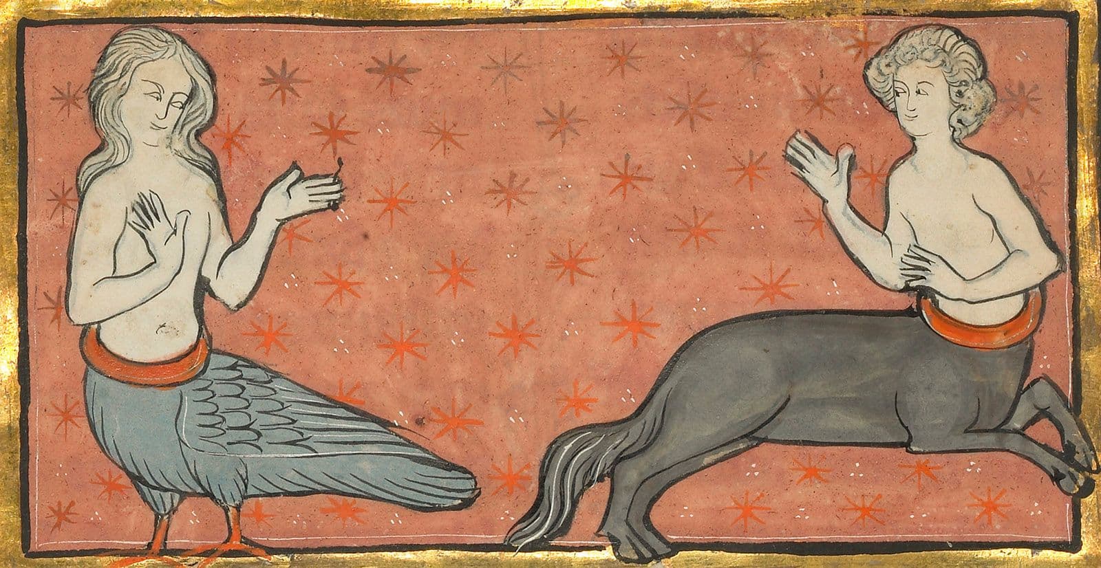 Against a coral background with orange stars, a siren with long pale hair, grey feathers, and orange legs gestures at a centaur with a grey body.